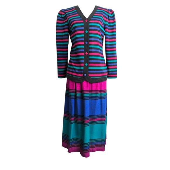 80's 90's Stripe Knit V-Neck Cardigan ~ magenta teal royal blue and black - Picture 3 of 3
